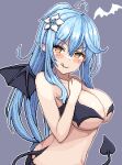  1girl ahoge bare_shoulders blush_stickers breasts cleavage demon_girl demon_tail demon_wings elf halloween_costume heart heart_ahoge hololive large_breasts licking_lips long_hair pixel_art pointy_ears revealing_clothes simple_background solo tail tongue tongue_out twisted_torso virtual_youtuber wings yellow_eyes yukihana_lamy zou_eita 
