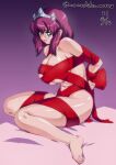  1girl arms_behind_back blue_eyes breasts cleavage crown dated feet gradient_background henrietta_de_tristain large_breasts legs nafta naked_ribbon parted_lips purple_background purple_hair red_ribbon restrained ribbon signature simple_background solo toes zero_no_tsukaima 