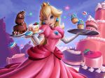  absurdres berry blonde_hair blue_background blue_eyes breasts cake cherry chocolate chocolate_cake crown cupcake doughnut dress earrings elbow_gloves european_clothes food food_focus fruit gloves highres holding holding_tray jewelry lipstick makeup mario_(series) medium_breasts one_eye_closed pink_dress princess_peach smile sofie-spangenberg starman_(mario) strawberry super_mushroom tongue tongue_out tray white_gloves 