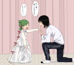  1boy 1girl :d black_hair closed_eyes commentary_request curtains dress father_and_daughter from_side full_body green_hair hand_grab indoors koiwai_yotsuba long_sleeves looking_at_another marutei2 mr._koiwai on_one_knee open_mouth pants pink_ribbon profile quad_tails ribbon shirt short_hair smile socks speech_bubble standing track_pants translated white_dress white_shirt white_socks yotsubato! 