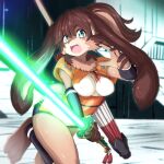  1:1 2022 anthro blue_eyes breasts brown_body brown_fur brown_hair cheek_tuft clothed clothing eyebrow_through_hair eyebrows eyelashes facial_tuft feet female floppy_ears fur green_lightsaber hair hi_res lagomorph lepi leporid lightsaber long_ears looking_at_viewer lop_(star_wars_visions) mammal melee_weapon neck_tuft open_mouth ponytail rabbit solo star_wars star_wars_visions tan_body tan_fur translucent translucent_hair tuft umbrella watarai_kou weapon 