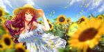  1girl absurdres anversailles blue_eyes blue_sky breasts brown_headwear cleavage cloud dress flower hat heterochromia highres hololive hololive_english horns irys_(hololive) long_hair looking_at_viewer medium_breasts multicolored_hair open_mouth petals pointy_ears purple_hair red_eyes red_hair sky smile solo sun_hat sundress sunflower teeth two-tone_hair upper_teeth_only virtual_youtuber white_dress 