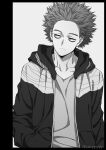  1boy bags_under_eyes black_border boku_no_hero_academia border closed_mouth collarbone frown hand_in_pocket hood hooded_jacket jacket long_sleeves male_focus open_clothes open_jacket popo_take shinsou_hitoshi short_hair simple_background solo twitter_username upper_body 