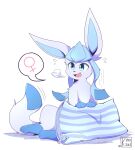  2022 blue_body blue_eyes blue_fur digital_media_(artwork) eeveelution feral fur generation_4_pokemon glaceon hi_res kinozel leg_markings markings nintendo open_mouth open_smile pillow pokemon pokemon_(species) signature simple_background smile socks_(marking) solo white_background 