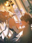  1girl 3boys bars blurry blurry_background breast_sucking breasts brown_hair censored dracorux dress faceless faceless_male genshin_impact hair_between_eyes hetero highres implied_sex in_cell long_hair lumine_(genshin_impact) medium_breasts multicolored_hair multiple_boys neuvillette_(genshin_impact) open_mouth prison prison_cell short_hair_with_long_locks sweat tartaglia_(genshin_impact) toned toned_male topless_male white_dress white_hair 