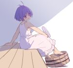  1girl absurdres antenna_hair bucket dress hand_fan hangaku_th highres holding holding_fan one-hour_drawing_challenge open_mouth paper_fan purple_eyes purple_hair short_hair sleeveless sleeveless_dress solo sukuna_shinmyoumaru touhou uchiwa water white_dress 