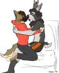  2017 anthro antlers black_hair black_nose bottomwear boxers_(clothing) boxers_only brown_body brown_fur canid canine canis cervine clothed clothing deer domestic_dog eye_scar facial_scar fur furry grey_body grey_eyes grey_fur hair hi_res hoodie horn husky hybrid hyena hyusky male mammal mike- neck_tuft nordic_sled_dog nose_lick nose_licking orange_eyes pants paws plantigrade ra&#039;deer scar scut_tail short_tail sketch spitz tail topless topwear tuft underwear underwear_only 