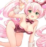  1girl :d absurdres all_fours animal_ear_fluff animal_ears arm_up bare_legs bare_shoulders blush bow bowtie breasts cat_ears cat_girl cat_tail cleavage clothing_cutout collar detached_collar fake_animal_ears fang green_eyes hair_between_eyes heart_cutout highres knees_together_feet_apart leotard long_hair looking_at_viewer medium_breasts navel navel_cutout nyama pink_bow pink_bowtie pink_hair pink_leotard pink_theme playboy_bunny rabbit_ears rosia_(show_by_rock!!) show_by_rock!! simple_background smile solo strapless strapless_leotard tail twintails very_long_hair white_background white_collar wing_collar wrist_cuffs 
