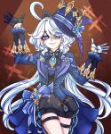  1girl arms_up ascot asymmetrical_gloves black_ascot black_gloves black_shorts blue_ascot blue_brooch blue_eyes blue_gemstone blue_hair blue_headwear blue_jacket commentary cowlick drop-shaped_pupils english_commentary eyes_visible_through_hair frilled_sleeves frills furina_(genshin_impact) gem genshin_impact gloves hair_between_eyes hat heterochromia highres hydro_symbol_(genshin_impact) jacket kodona light_blue_hair lolita_fashion long_hair long_sleeves looking_at_viewer mismatched_gloves mismatched_pupils multicolored_hair open_mouth red_background rosavatar1 shorts simple_background smile solo sparkle_background spotlight streaked_hair top_hat vision_(genshin_impact) white_gloves white_hair white_trim_bow 