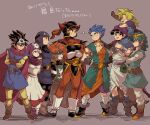  1girl 6+boys arm_up armlet armor belt belt_buckle black_eyes black_hair blonde_hair blue_cape blue_eyes blue_hair blue_tunic boots bracelet brown_footwear brown_gloves brown_hair buckle cape carrying circlet closed_mouth collarbone commentary_request crossed_arms curly_hair dragon_quest dragon_quest_i dragon_quest_ii dragon_quest_iii dragon_quest_iv dragon_quest_v dragon_quest_vi dress earrings fake_horns father_and_son full_body gloves goggles goggles_on_head goggles_on_headwear green_hair green_tunic grin headpiece helmet hero&#039;s_son_(dq5) hero_(dq1) hero_(dq3) hero_(dq4) hero_(dq5) hero_(dq6) highres hood horned_helmet horns jewelry long_hair long_sleeves low_ponytail male_child multiple_boys neck neck_ring orange_hair orange_pants orange_shirt pants pectorals piyoko_saito prince_of_lorasia prince_of_samantoria princess_of_moonbrook purple_cape purple_headwear red_eyes robe shirt short_hair shoulder_armor shoulder_carry simple_background smile spiked_hair standing torn_clothes translation_request turban white_gloves white_pants white_shirt yellow_pants yellow_shirt 