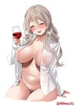  1girl alcohol bangs blush breasts brown_eyes closed_eyes collarbone collared_shirt cropped_legs cup dress_shirt drinking_glass ebifurya grey_hair hair_between_eyes highres holding holding_cup kantai_collection large_breasts long_hair long_sleeves looking_at_viewer midriff naked_shirt navel one-hour_drawing_challenge one_eye_closed open_clothes open_shirt pola_(kancolle) pubic_hair see-through see-through_shirt shirt simple_background smile solo teeth thighs twitter_username upper_teeth_only wakamezake white_background wine wine_glass 