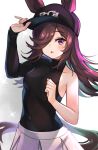  animal_ears arm_up baseball_cap black_headwear blush bodystocking breasts brown_eyes brown_hair covered_navel ears_through_headwear hair_over_one_eye hand_on_headwear hat horse_ears horse_girl horse_tail long_hair looking_at_viewer meyamu open_mouth rice_shower_(umamusume) simple_background single_bare_shoulder single_sleeve skirt small_breasts tail umamusume upper_body white_background white_skirt 