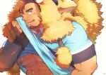  1boy abs animal_hood bara blush boar_boy boar_hood body_fur brown_hair facial_hair forked_eyebrows from_side goatee gullinbursti_(housamo) highres hood large_pectorals long_sideburns looking_at_viewer male_focus muscular muscular_male nipples official_alternate_costume pectorals sawch_cls short_hair sideburns solo sweat thick_eyebrows tokyo_afterschool_summoners underpec upper_body wiping_sweat 