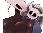  ambiguous_gender anthro arthropod black_body black_eyes bodily_fluids breasts cape cleavage clothed clothing dialogue duo female hi_res hollow_knight hornet_(hollow_knight) insect question_mark sincastermon sweat sweatdrop team_cherry the_knight_(hollow_knight) vessel_(species) 