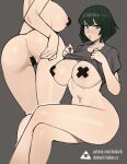  1girl ass bottomless breasts clothes_lift completely_nude cross_pasties crossed_legs dark_green_hair donburi_(donburikazoku) from_behind fubuki_(one-punch_man) green_eyes grey_background grey_shirt hand_on_own_ass highres large_breasts looking_at_viewer multiple_views nude one-punch_man parted_lips pasties shirt shirt_lift short_hair simple_background sitting standing 