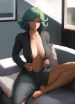  1girl ahoge alternate_breast_size artist_name barefoot breasts collarbone commentary commentary_typo couch curly_hair flowerxl green_eyes green_hair high_collar indoors large_breasts navel one-punch_man parted_lips pillow short_hair sitting solo sunlight tatsumaki toes window 