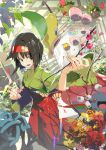  1girl black_eyes black_hair branch bud e_volution erika_(pokemon) exeggcute flower foreshortening green_kimono greenhouse hairband hakama hanging_plant hanging_scroll holding holding_branch holding_scissors indoors japanese_clothes kimono light_rays looking_at_object looking_to_the_side obi open_mouth outstretched_arm petals pink_flower plant pokemon pokemon_(game) pokemon_lgpe potted_plant print_obi red_flower red_hairband red_hakama sash scissors scroll shelf short_hair signature smile solo sunbeam sunlight tangela vileplume weepinbell wide_sleeves yellow_flower 
