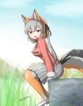  1girl animal_ears blazer brown_hair extra_ears fox_ears fox_girl fox_tail gloves grey_hair hat island_fox_(kemono_friends) jacket kemono_friends kemono_friends_v_project long_hair looking_at_viewer microphone multicolored_hair nature necktie outdoors pantyhose ribbon shirt shoes skirt solo tail taurine_8000mg twintails two-tone_hair virtual_youtuber yellow_eyes 