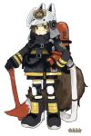  1girl animal_ears animal_helmet arknights axe black_footwear black_gloves black_jacket black_shorts boots brown_eyes brown_hair closed_mouth commentary_request fake_animal_ears fire_axe fire_helmet firefighter firefighter_jacket full_body gloves hand_on_own_hip highres jacket kakuremino_(mnt55) knee_pads looking_at_viewer oxygen_tank shaw_(arknights) shorts simple_background solo squirrel_ears squirrel_tail star_(symbol) tail white_background 