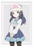  1girl alternate_costume black_hair blue_ribbon blue_skirt chocomiru dawn_(pokemon) hair_ornament hairclip highres looking_at_viewer own_hands_clasped own_hands_together pantyhose pokemon pokemon_(game) pokemon_dppt ribbon skirt smile solo sweater turtleneck turtleneck_sweater white_heart white_sweater 