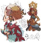  1girl 6+boys abs armlet bare_shoulders blonde_hair crop_top dark-skinned_female dark_skin gerudo goron green_eyes hand_on_own_hip headpiece link midriff multiple_boys navel on_shoulder red_hair riju scar sharp_teeth short_hair sidon sitting sketch skirt_cutout teeth the_legend_of_zelda the_legend_of_zelda:_tears_of_the_kingdom tirarizun toned topless_male yellow_eyes yunobo zora 