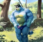  2023 anthro australian_cattle_dog bandit_heeler barazoku belly biceps big_muscles bluey_(series) canid canine canis cattledog clothed clothing day deltoids detailed detailed_background domestic_dog eyebrows flaccid foreskin forest fur genitals gigasaddle grass herding_dog huge_muscles humanoid_genitalia humanoid_penis lake looking_at_viewer male mammal manly musclegut muscular muscular_anthro muscular_male navel nipples outside partially_clothed pastoral_dog pecs penis plant quads rock serratus shadow shrub smile solo standing topless topless_anthro topless_male tree tuft underwear underwear_down underwear_only undressing water 