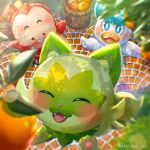  :3 beak blue_eyes brick_floor bucket closed_eyes ekm fangs food fruit fuecoco jumping leaf looking_up orange_(fruit) outdoors pawpads pokemon pokemon_(creature) quaxly smile sprigatito twitter_username wooden_bucket 