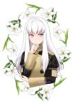  1girl absurdres commentary_request fire_emblem fire_emblem:_three_houses flower garreg_mach_monastery_uniform highres long_hair long_sleeves lysithea_von_ordelia medium_bangs midori_no_baku purple_eyes solo thinking vanilla white_background white_hair 