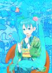  1girl bird blue_eyes blue_hair blue_nails branch crane_(animal) earrings fang flower gourd hair_flower hair_ornament hand_mirror hatsune_miku holding holding_mirror japanese_clothes jewelry kimono long_hair mirror moyoo open_mouth phone rotary_phone skin_fang solo very_long_hair vocaloid 