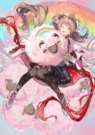  0099102419 1girl ;d absurdres ahoge animal animal_ears arknights black_thighhighs eyjafjalla_(arknights) eyjafjalla_the_hvit_aska_(arknights) flower hair_flower hair_ornament highres holding holding_animal holding_sheep horns jacket jacket_on_shoulders long_hair long_sleeves looking_at_viewer official_alternate_costume one_eye_closed open_mouth procreate_(medium) purple_shirt rainbow red_ribbon ribbon sheep_ears sheep_girl sheep_horns shirt smile solo teeth thighhighs upper_teeth_only very_long_hair white_jacket 