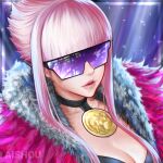  1girl ai_shou breasts choker cleavage fur_coat gloves highres manon_legrand pink_hair purple-tinted_eyewear purple_gloves short_hair_with_long_locks sidelocks solo street_fighter street_fighter_6 sunglasses tinted_eyewear upper_body 