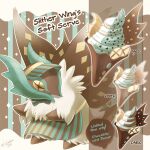  +_+ alternate_color apron black_eyes bow bowtie chocolate_chip diamond_(shape) food full_body highres ice_cream ice_cream_cone looking_back mint_chocolate pokemon pokemon_(creature) pokemon_(game) pokemon_sv sasabunecafe slither_wing striped twitter_username vertical_stripes visor_cap white_fur 