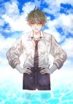  1boy alternate_costume amami_rantaro black_pants blue_sky cloud collarbone danganronpa_(series) danganronpa_v3:_killing_harmony day green_hair han_(hd_d26) hands_on_own_hips highres long_sleeves male_focus necktie outdoors pants shirt shirt_tucked_in short_hair sky smile solo striped_necktie wading wet wet_clothes wet_shirt 
