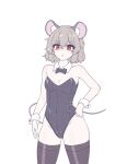  1girl animal_ears black_leotard black_thighhighs cowboy_shot detached_collar grey_hair hair_between_eyes highres hihi_(cvwv4322) leotard mouse_ears mouse_tail nazrin parted_lips red_eyes short_hair simple_background solo strapless strapless_leotard tail thighhighs touhou white_background wrist_cuffs 