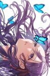  1girl blue_butterfly bug butterfly close-up fate/stay_night fate_(series) from_side hair_between_eyes hair_ribbon highres long_hair looking_to_the_side matou_sakura open_mouth purple_eyes purple_hair ribbon shimatori_(sanyyyy) shirt simple_background solo white_background white_shirt 