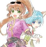  1boy 1girl animal_ears blue_eyes blue_hair blush brown_hair cat_ears eyewear_on_head gloves green_eyes lab_coat leon_geeste long_hair looking_at_viewer multiple_girls open_mouth ponytail precis_neumann short_hair simple_background smile star_ocean star_ocean_the_second_story white_background yukiguni_samui 