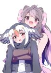  2girls animal_ears atlantic_puffin_(kemono_friends) bare_shoulders bear_ears behind_another bergman&#039;s_bear_(kemono_friends) bird_wings black_hair blonde_hair blush bow empty_eyes eyelashes fur_bracelet hair_between_eyes hair_bow hair_ornament head_wings height_difference highres hug hug_from_behind jacket kemono_friends kemono_friends_3 long_hair long_sleeves looking_up mamiyama medium_hair multicolored_hair multiple_girls open_clothes open_jacket open_mouth parted_bangs purple_eyes red_eyes red_hair scarf shirt simple_background sleeveless sleeveless_shirt smile sweater upper_body very_long_hair white_background white_hair wings 