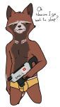  absurd_res anthro brown_body brown_fur claws clothed clothing digital_media_(artwork) ears_up fur guardians_of_the_galaxy gun hair hi_res male mammal marvel nate_foster nipple_piercing nipples open_mouth piercing procyonid raccoon ranged_weapon red_eyes rocket_raccoon solo submachine_gun text tired tired_eyes underwear weapon 