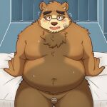  anthro balls bear belly blush brown_body brown_fur duo embarrassed eyewear first_person_view fupa fur genitals glasses hi_res lifewonders male male/male mammal moobs navel nervous nude overweight penis sitting small_penis tokyo_afterschool_summoners volos yaki_atsuage 