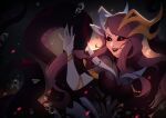  1girl artist_name black_bodysuit black_sclera bodysuit breasts colored_sclera coven_nami elbow_gloves gloves grin hair_ornament highres large_breasts league_of_legends long_hair monster_girl nami_(league_of_legends) red_eyes red_hair red_lips scylla smile solo teddy_teddd teeth white_gloves 