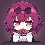  1girl chibi commentary_request gloves hands_up honkai:_star_rail honkai_(series) interlocked_fingers jiu_fanglianhua kafka_(honkai:_star_rail) looking_at_viewer own_hands_together purple_background purple_eyes purple_gloves purple_hair shirt short_hair smile solo spider_web_print upper_body white_shirt 