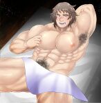  1boy abs armpits ass_visible_through_thighs bara blush brown_hair fate/grand_order fate_(series) feet_out_of_frame from_above highres large_pectorals looking_at_viewer lying male_focus male_pubic_hair muscular muscular_male mutukimisaki navel navel_hair nipples on_back pectorals presenting_armpit pubic_hair short_hair solo spread_legs stomach strongman_waist super_orion_(fate) thick_eyebrows thick_thighs thighs topless_male towel_around_waist tweaking_own_nipple white_towel 