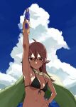  1girl absurdres ahoge arm_up armpits bikini black_bikini blue_sky breasts cloud cloudy_sky commentary day front-tie_top garuku1120 green_towel hair_between_eyes hair_flaps hand_on_own_hip highres holding holding_toy idolmaster idolmaster_shiny_colors komiya_kaho long_hair looking_at_viewer medium_breasts navel outdoors red_eyes red_hair sky smile solo stomach swimsuit toy water_gun 