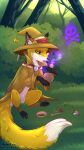  9:16 ambiguous_gender canid canine clothing dipstick_ears dipstick_tail feral fox fungus fur hat headgear headwear hi_res magic_potion mammal markings multicolored_ears mushroom on_hind_legs outside plant rukifox sitting solo tail tail_markings tree witch_hat yellow_body yellow_fur 