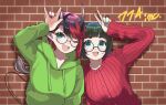  2girls alternate_costume animal_ears animare black-framed_eyewear black_hair blue_eyes blue_nails blunt_bangs blush bob_cut breasts brick_wall commentary_request commission demon_girl demon_horns demon_tail dog_ears glasses green_hair green_hoodie hashiba_natsumi_(animare) highres hood hoodie horns large_breasts looking_at_viewer multicolored_hair multiple_girls nail_polish nanashi_inc. open_mouth pointy_ears red_hair red_nails red_sweater ribbed_sweater round_eyewear ryugasaki_rene short_hair skeb_commission smile sugar_lyric sweater tail thick_eyebrows two-tone_hair upper_body v virtual_youtuber zono_(inokura_syuzo029) 