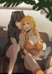  2girls animal_ears black_hair blake_belladonna blonde_hair breasts cat_ears cat_girl cleavage closed_eyes highres hug hug_from_behind iceky long_hair looking_at_another looking_back mechanical_arms multiple_girls open_mouth purple_eyes rwby shorts sitting smile yang_xiao_long yuri 