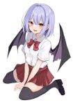  1girl :d alternate_costume bat_wings between_legs black_thighhighs blue_hair blush bow bowtie breasts commentary_request from_above full_body hand_between_legs highres hyurasan looking_at_viewer medium_hair no_headwear open_mouth pleated_skirt red_bow red_bowtie red_eyes red_skirt remilia_scarlet shirt short_sleeves simple_background sitting skirt small_breasts smile solo thighhighs touhou v_arms wariza white_background white_shirt wing_collar wings 