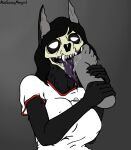  big_breasts bodily_fluids bone breasts canid canine clothing disembodied_hand duo female hi_res humanoid looking_at_viewer male male/female mammal naysayingmongrel saliva scp-1471 scp_foundation shirt skull skull_head t-shirt thumb_in_mouth topwear 