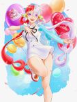  1girl balloon dcdc_28h dress hair_rings happy_birthday highres multicolored_hair one_piece purple_eyes ribbon single_sleeve smile solo standing standing_on_one_leg twintails two-tone_hair uta_(one_piece) white_dress 