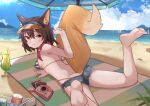  1girl animal_ear_fluff animal_ears ass barefoot beach beach_umbrella bikini bikini_under_clothes blue_archive blue_bikini blue_shorts blush breasts brown_hair camera can clenched_hand closed_mouth commentary cup denim denim_shorts drinking_glass drinking_straw english_commentary fang fang_out feet feet_up food fox_ears fox_girl fox_tail fruit highleg highleg_bikini highres hurricane_glass izuna_(blue_archive) izuna_(swimsuit)_(blue_archive) legs legs_apart lime_(fruit) lime_slice looking_at_viewer looking_back medium_breasts miaoema mixed-language_commentary ocean official_alternate_costume paid_reward_available pink_scarf scarf short_hair short_shorts shorts soda_can soles solo striped striped_bikini swimsuit tail toes umbrella visor_cap yellow_eyes 